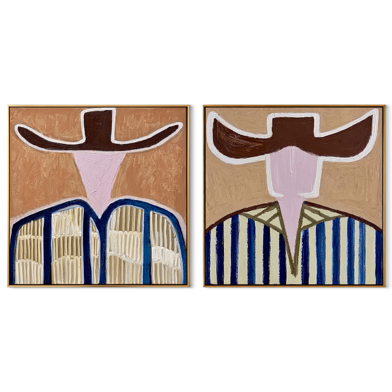 Blue Bands Cross Dust – blue Western Portrait Diptych Painting | Modern Vintage Americana Set of 2 Wall Art