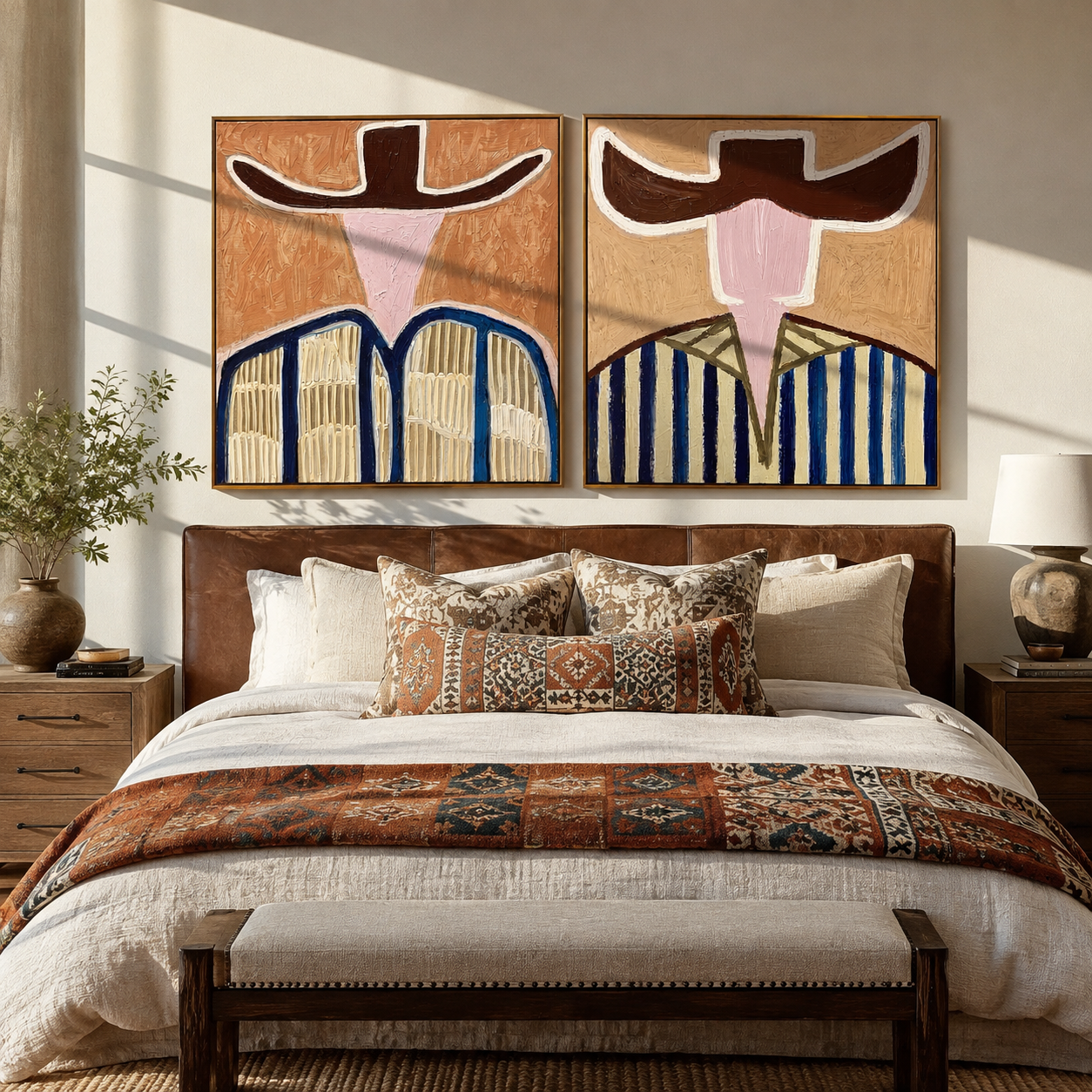 Blue Bands Cross Dust paired wall art styled above modern furniture