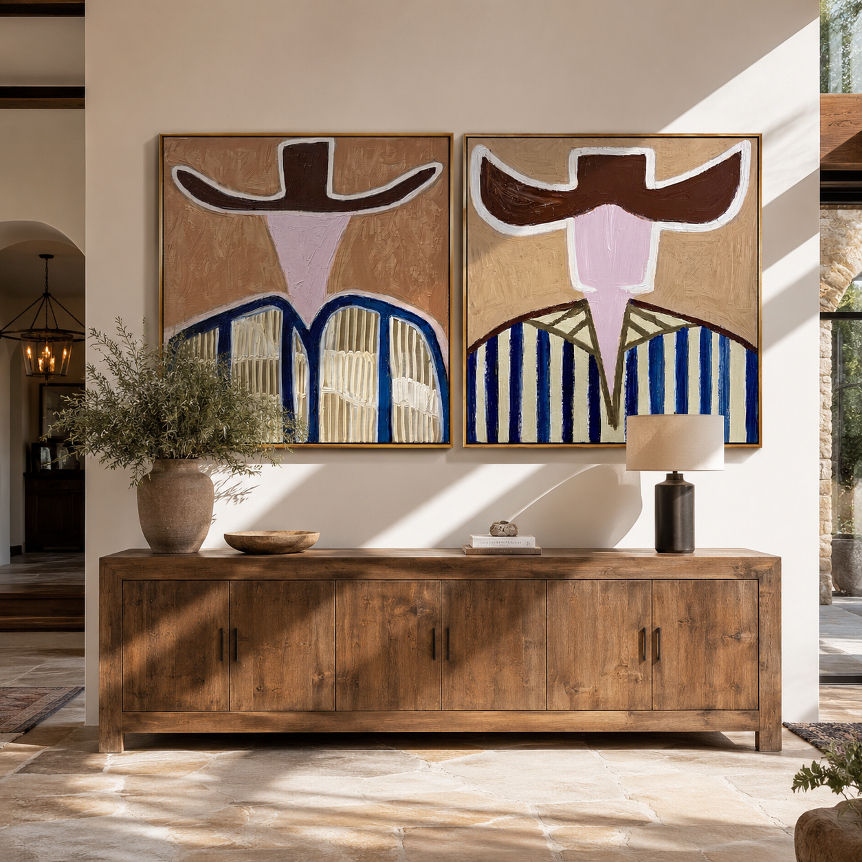 Blue Bands Cross Dust Vintage Americana diptych in a collected room