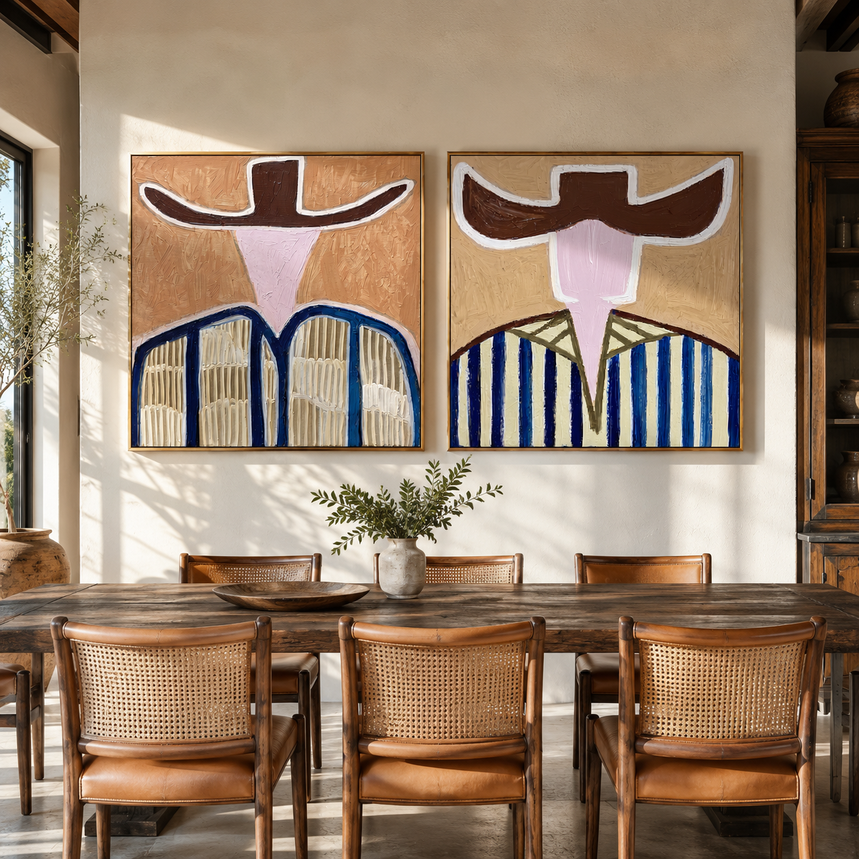 Blue Bands Cross Dust two-panel Western artwork with layered color