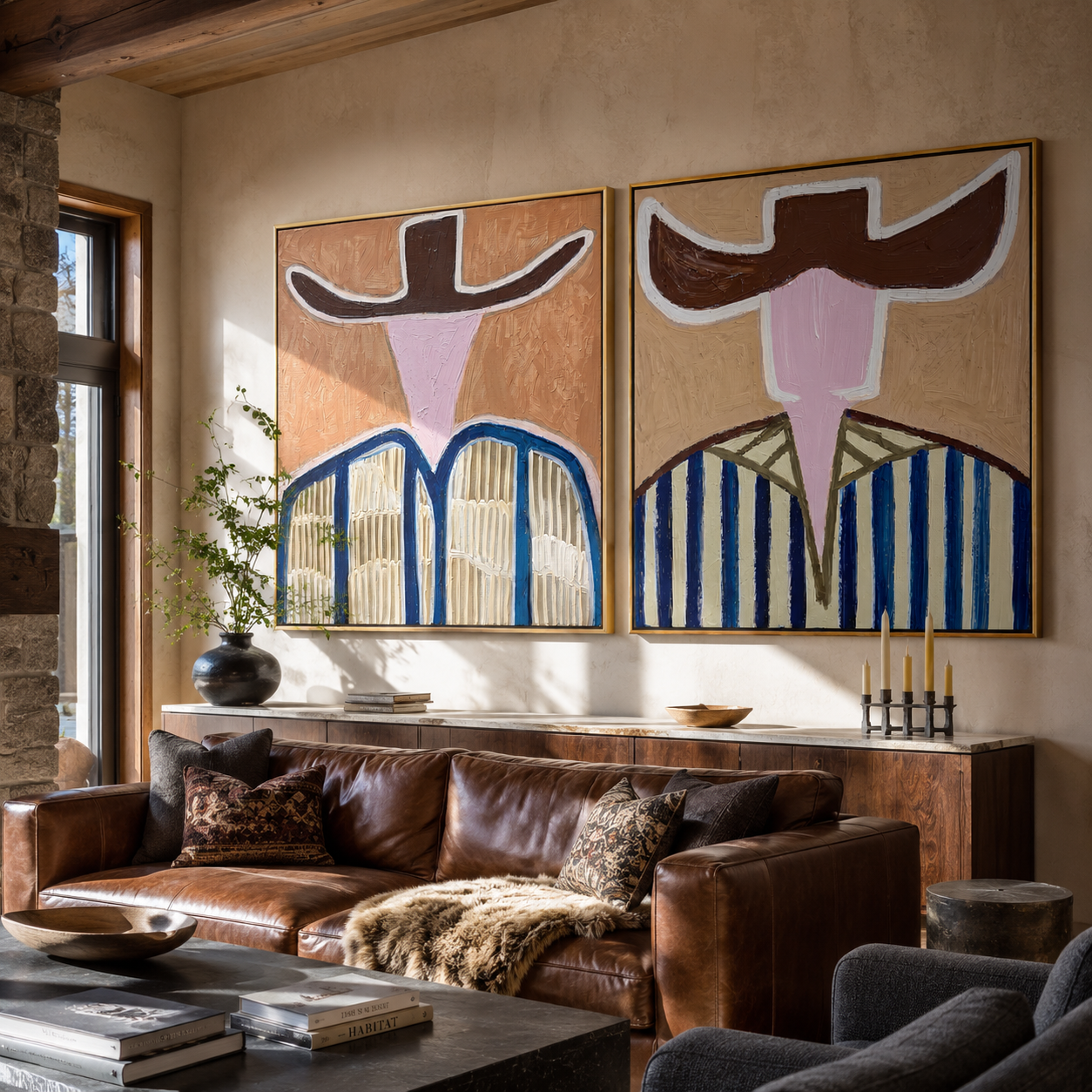 Blue Bands Cross Dust diptych presented with natural materials and decor