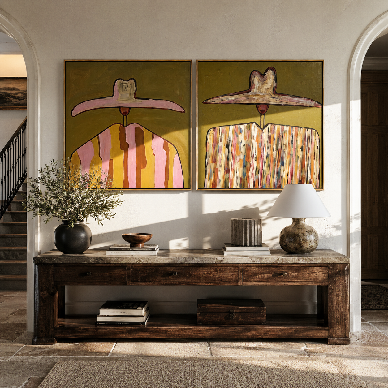 Pink Cowgirls Trade Patterns Western diptych displayed in a contemporary interior