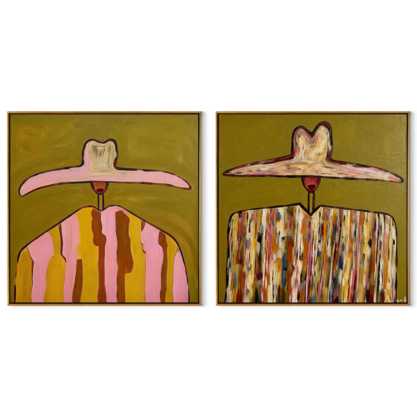 Pink Cowgirls Trade Patterns – pink Western Portrait Diptych Painting | Modern Vintage Americana Set of 2 Wall Art