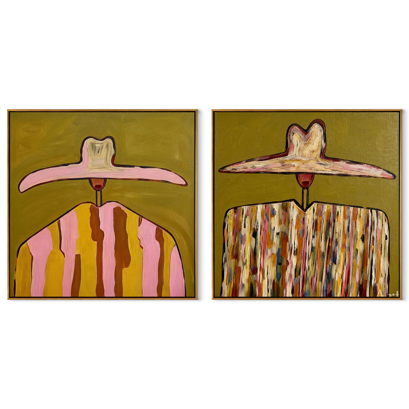 Pink Cowgirls Trade Patterns – pink Western Portrait Diptych Painting | Modern Vintage Americana Set of 2 Wall Art