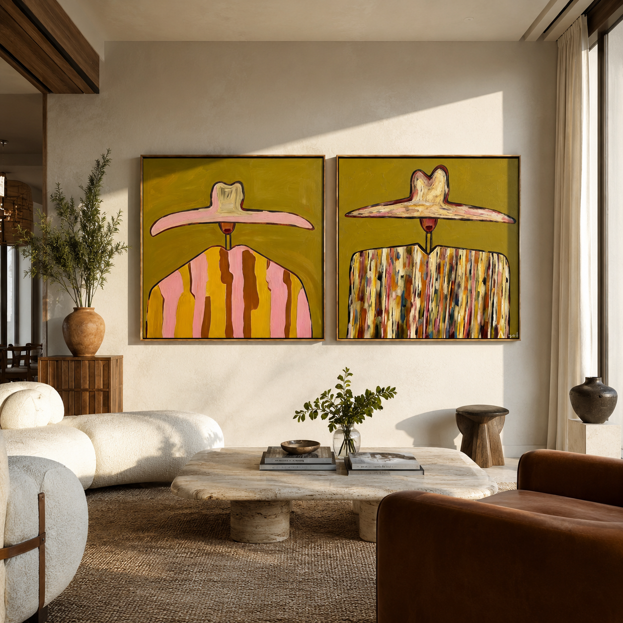 Pink Cowgirls Trade Patterns two-panel Western artwork with layered color