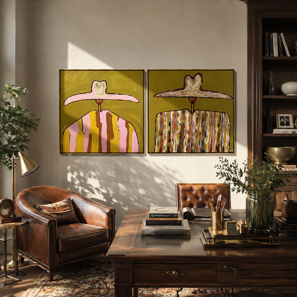 Pink Cowgirls Trade Patterns diptych presented with natural materials and decor