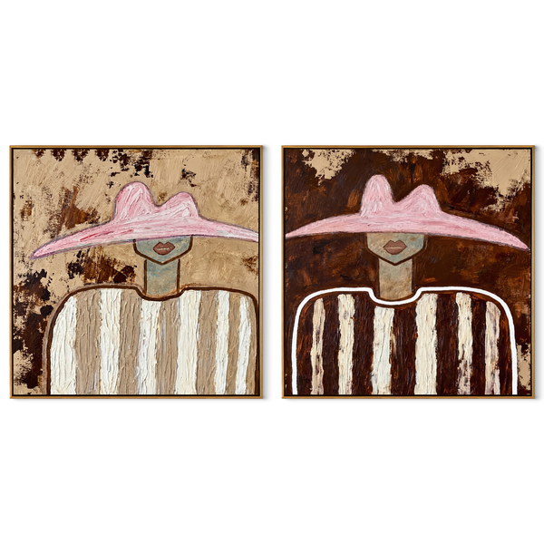 Rose Brims Weather Time – rose pink Western Portrait Diptych Painting | Modern Vintage Americana Set of 2 Wall Art