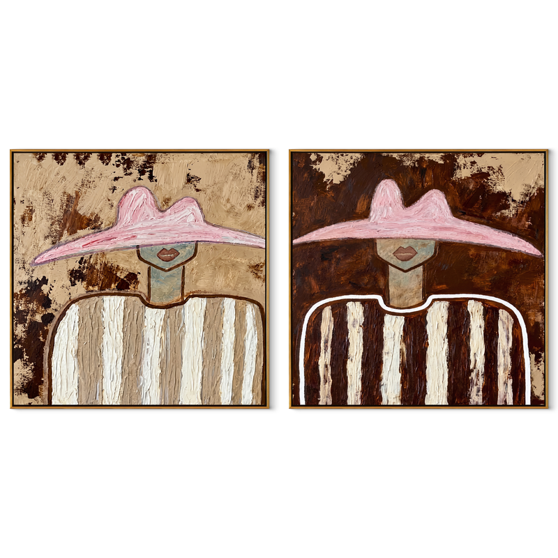 Rose Brims Weather Time – rose pink Western Portrait Diptych Painting | Modern Vintage Americana Set of 2 Wall Art