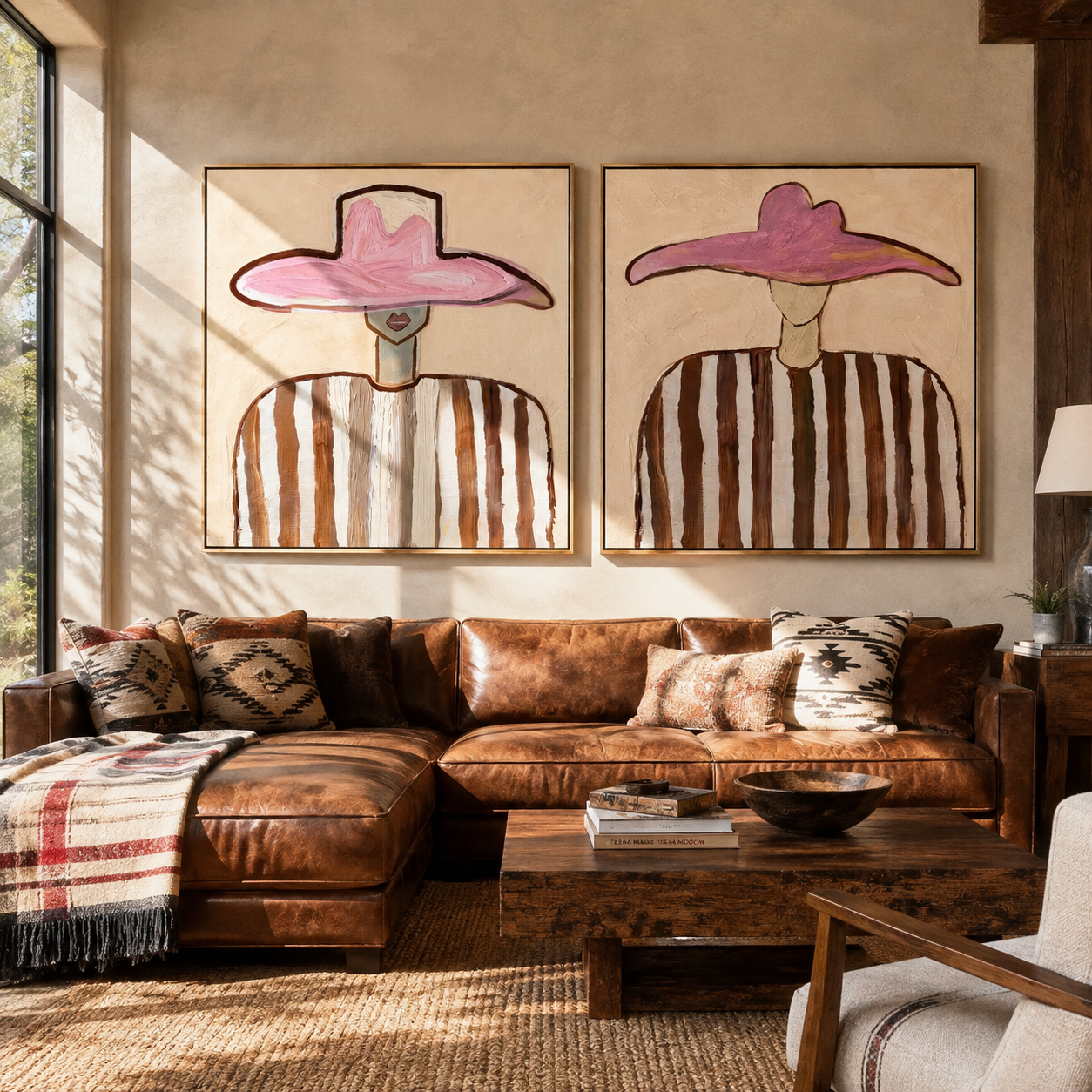 Striped Pink Hats Gather Western diptych displayed in a contemporary interior