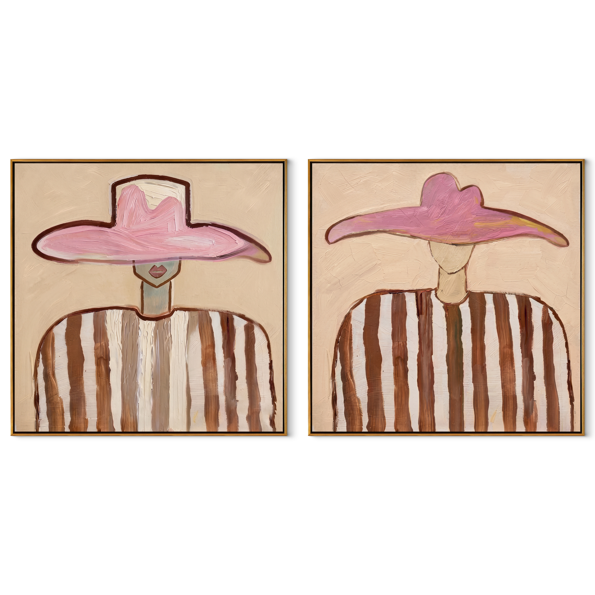 Striped Pink Hats Gather set of two square canvas artworks on white