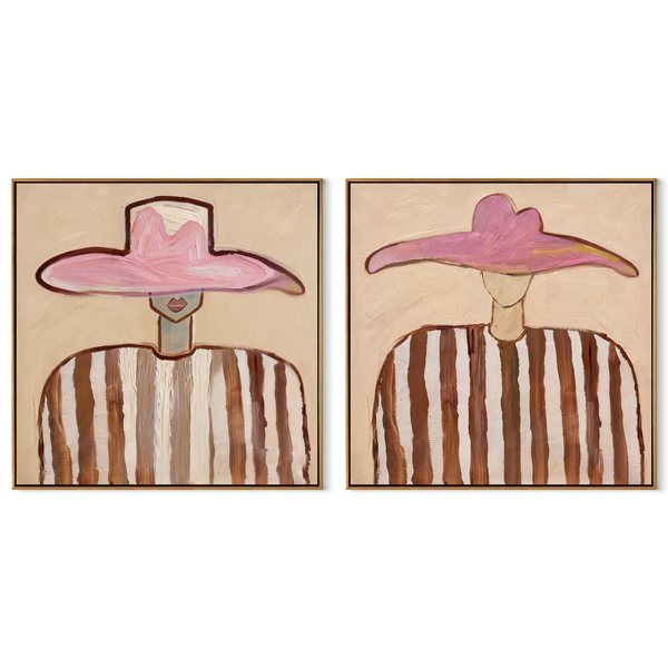 Striped Pink Hats Gather – pink Western Portrait Diptych Painting | Modern Vintage Americana Set of 2 Wall Art