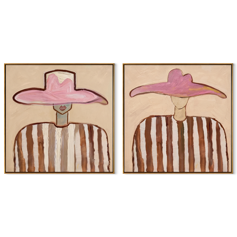 Striped Pink Hats Gather – pink Western Portrait Diptych Painting | Modern Vintage Americana Set of 2 Wall Art