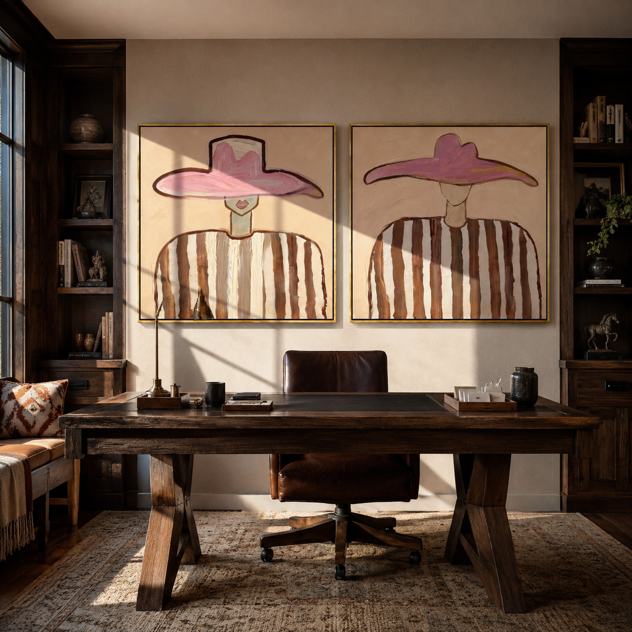 Striped Pink Hats Gather Vintage Americana diptych in a collected room