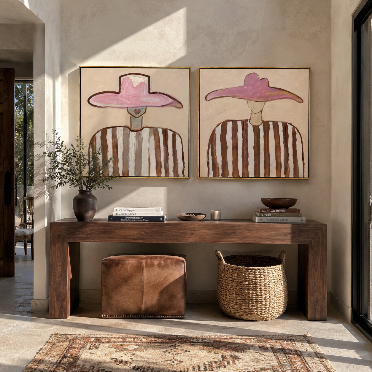 Striped Pink Hats Gather two-panel Western artwork with layered color