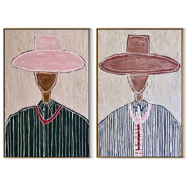 Tall Pink Brims Stand – pink Western Portrait Diptych Painting | Modern Vintage Americana Set of 2 Wall Art