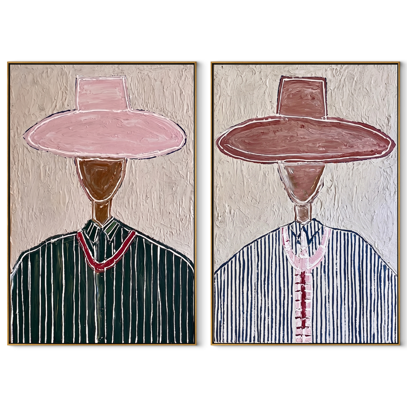 Tall Pink Brims Stand – pink Western Portrait Diptych Painting | Modern Vintage Americana Set of 2 Wall Art