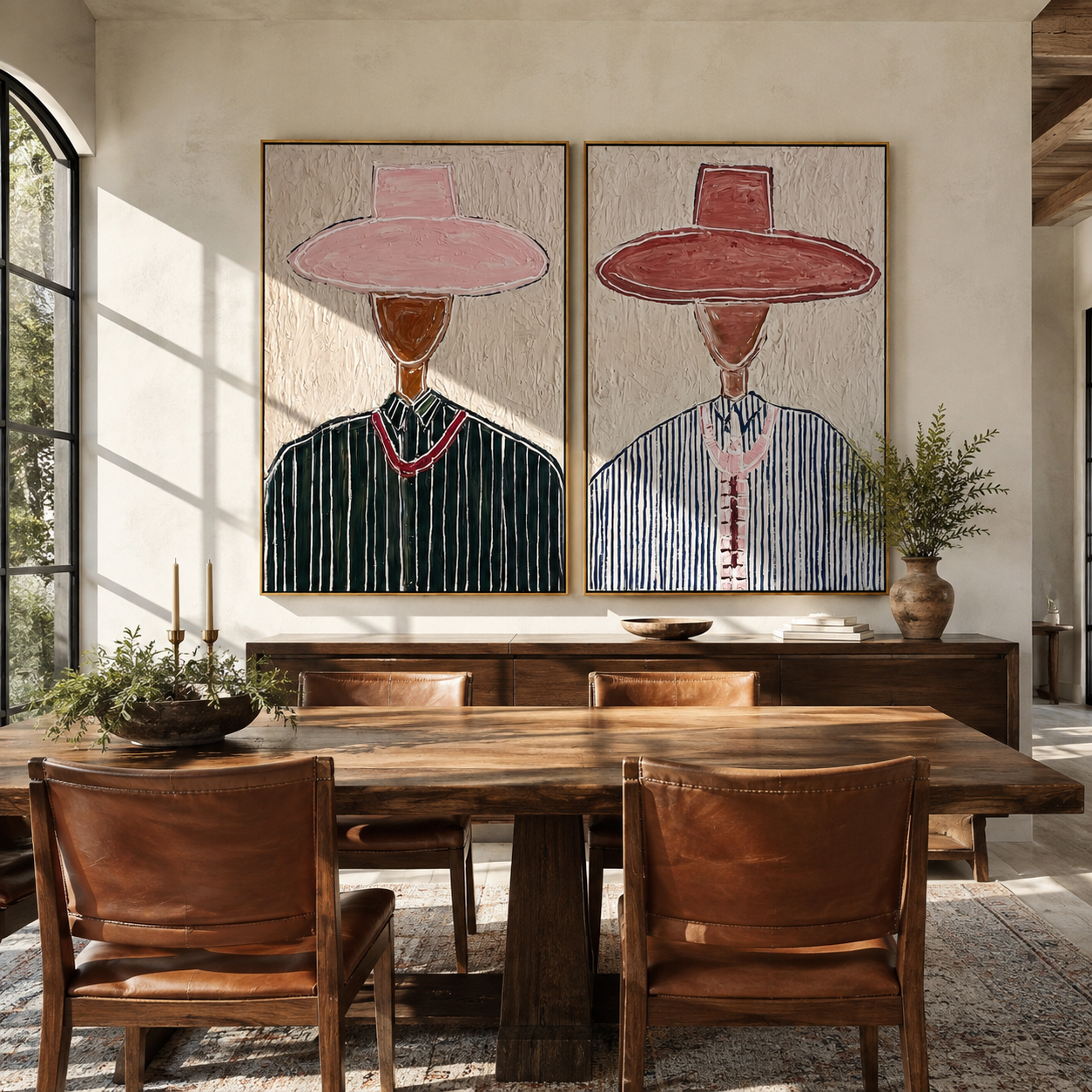 Tall Pink Brims Stand paired wall art styled above modern furniture