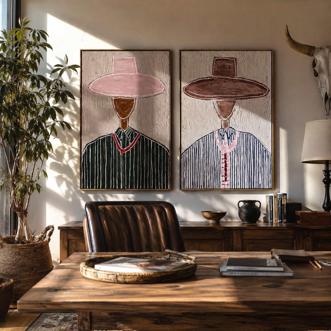 Tall Pink Brims Stand Vintage Americana diptych in a collected room