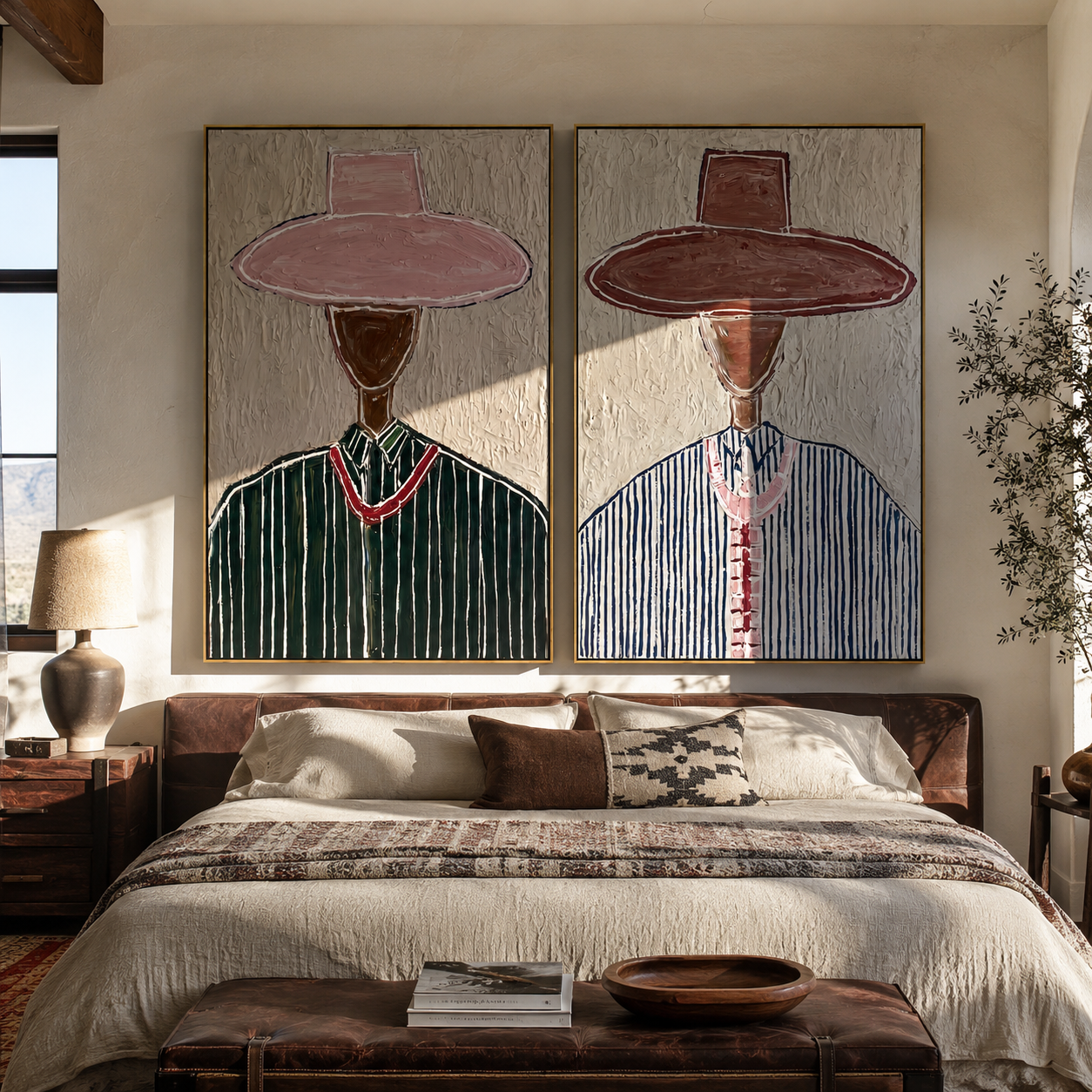 Tall Pink Brims Stand diptych presented with natural materials and decor
