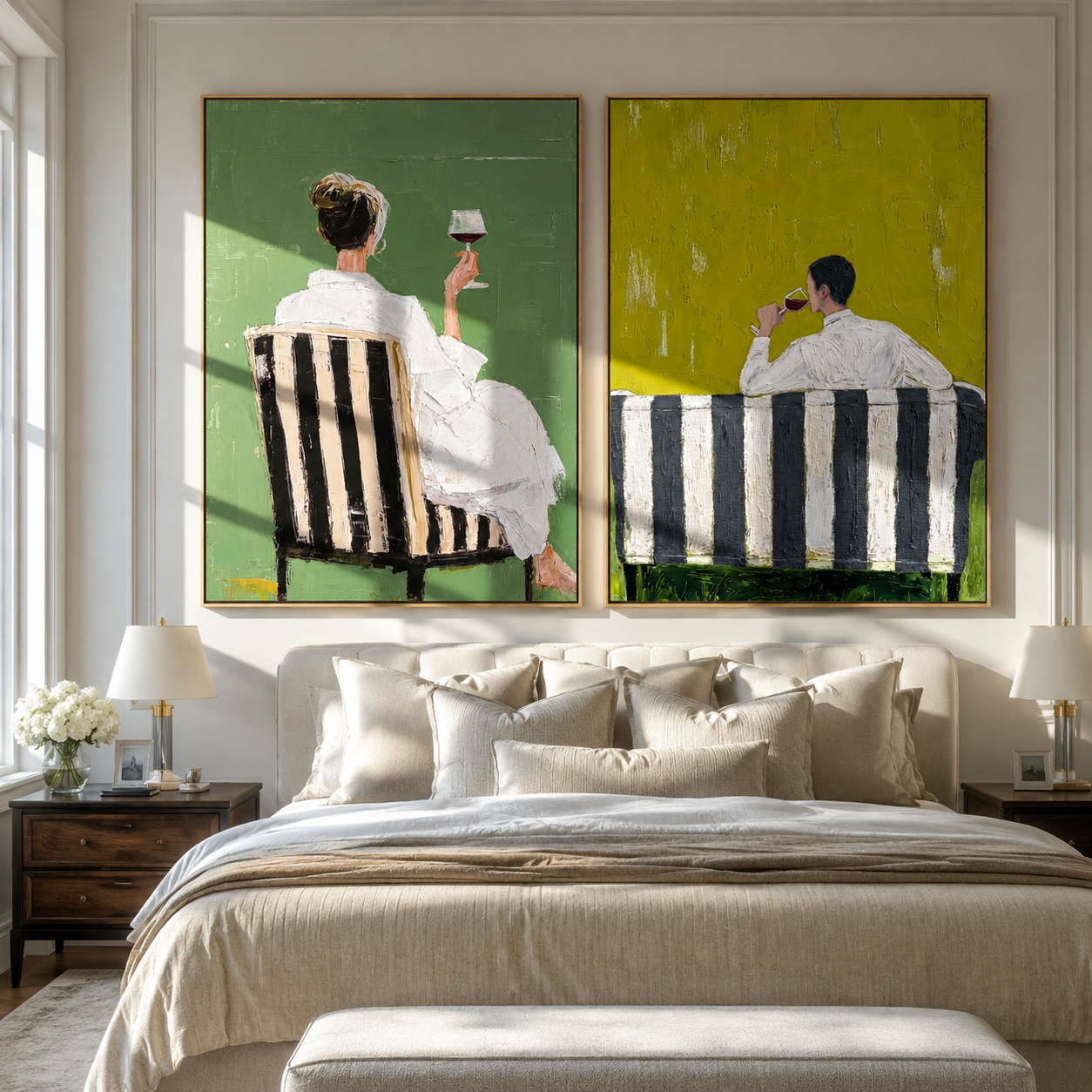 Seated Backs Share Green Western diptych displayed in a contemporary interior