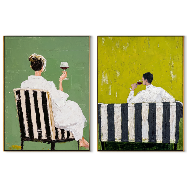 Seated Backs Share Green – green Western Portrait Diptych Painting | Modern Vintage Americana Set of 2 Wall Art