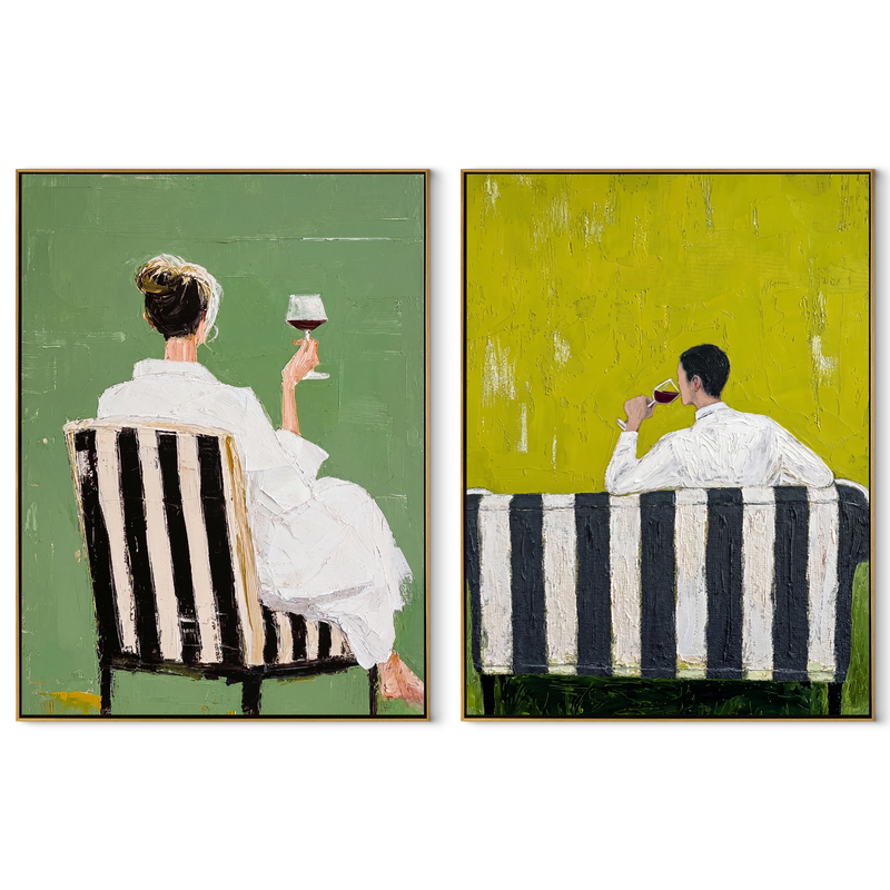 Seated Backs Share Green – green Western Portrait Diptych Painting | Modern Vintage Americana Set of 2 Wall Art