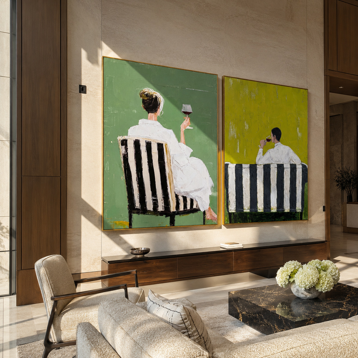 Seated Backs Share Green two-panel Western artwork with layered color