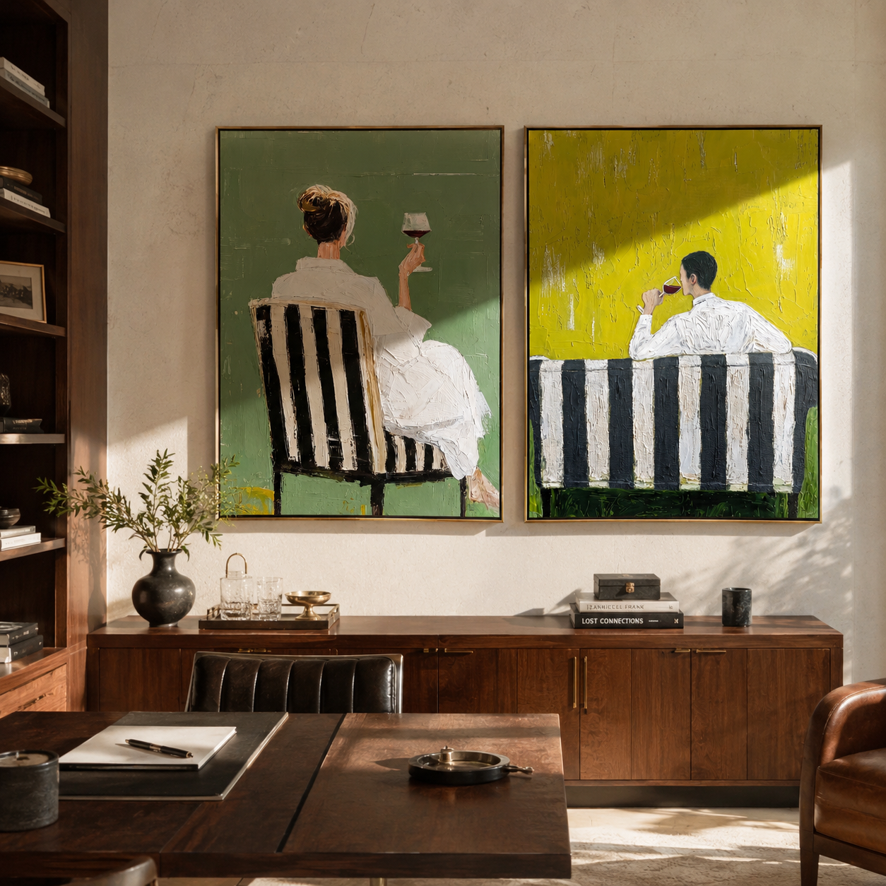 Seated Backs Share Green diptych presented with natural materials and decor