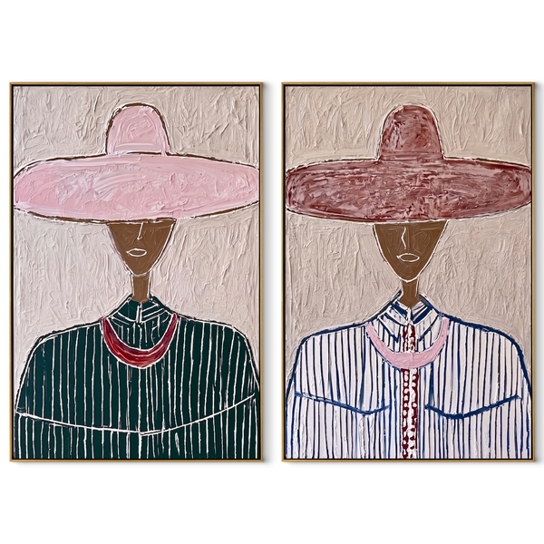 Burgundy Sombreros Reach High – pink Western Portrait Diptych Painting | Modern Vintage Americana Set of 2 Wall Art