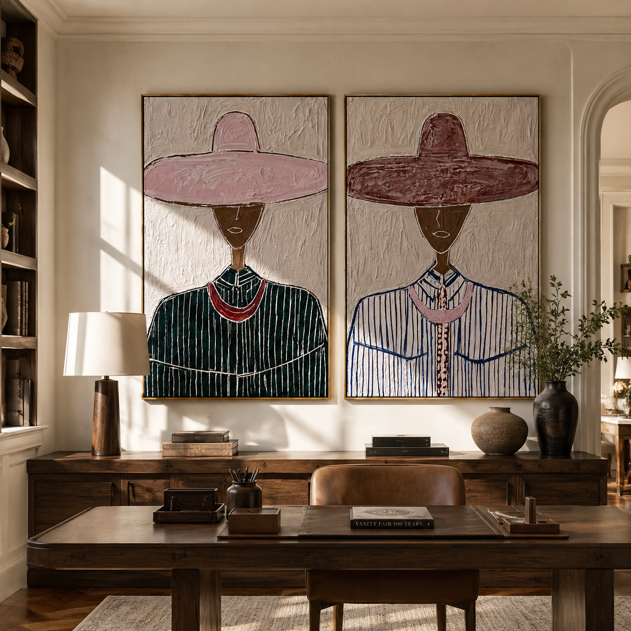 Burgundy Sombreros Reach High paired wall art styled above modern furniture