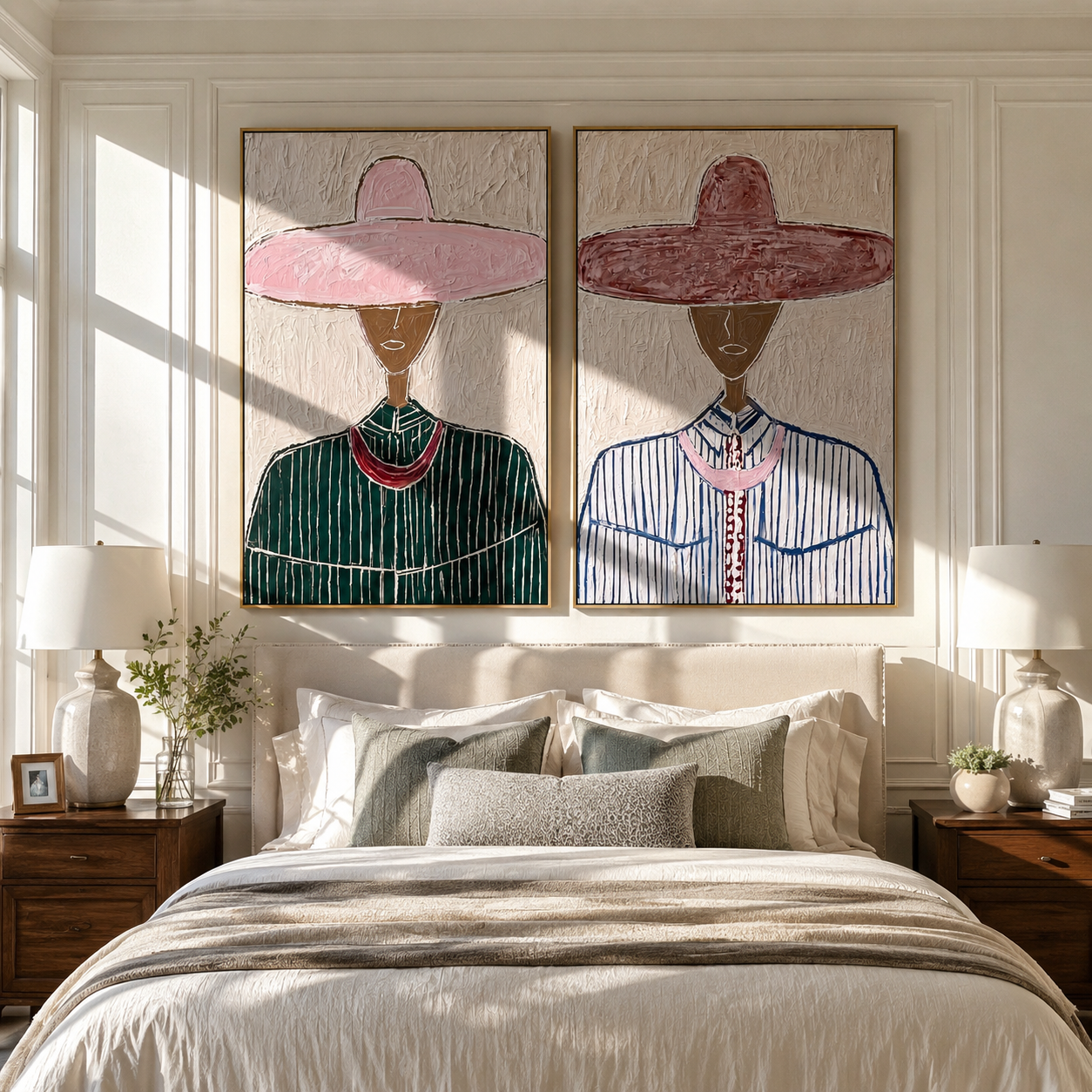 Burgundy Sombreros Reach High Vintage Americana diptych in a collected room