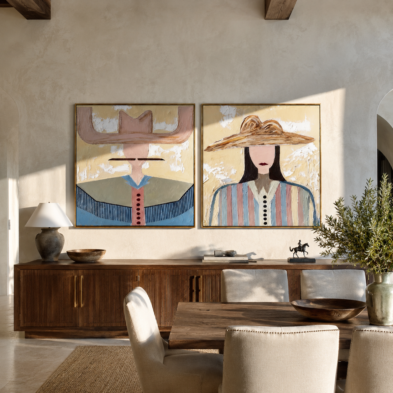 Brown And Rose Converse Western diptych displayed in a contemporary interior