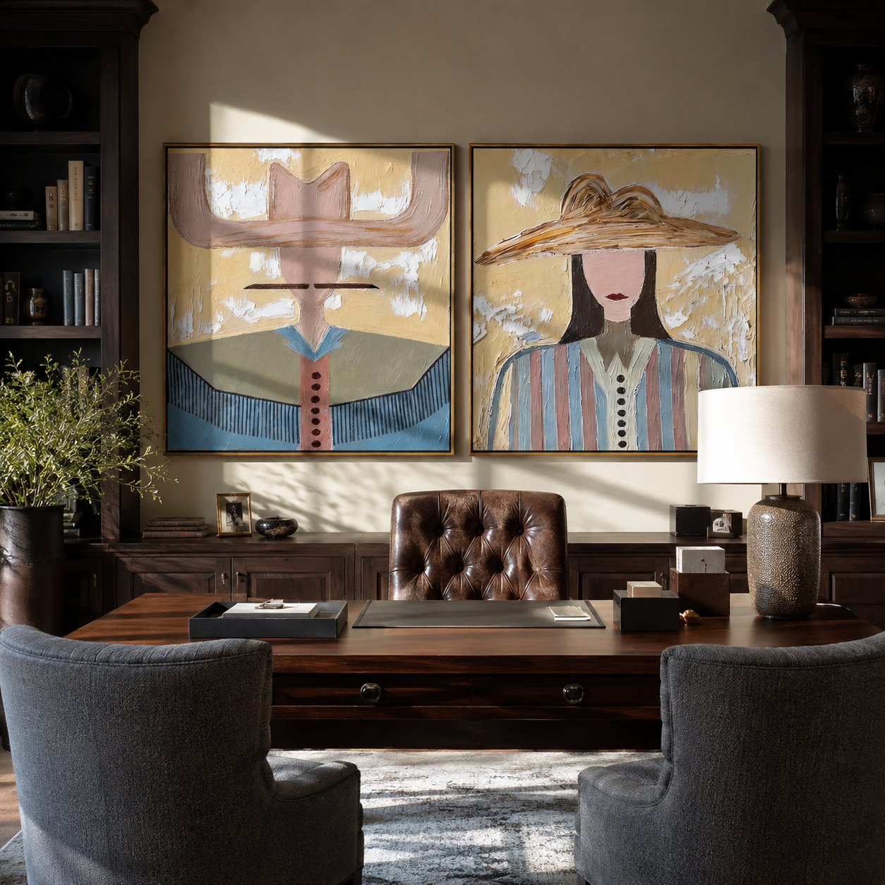 Brown And Rose Converse paired wall art styled above modern furniture