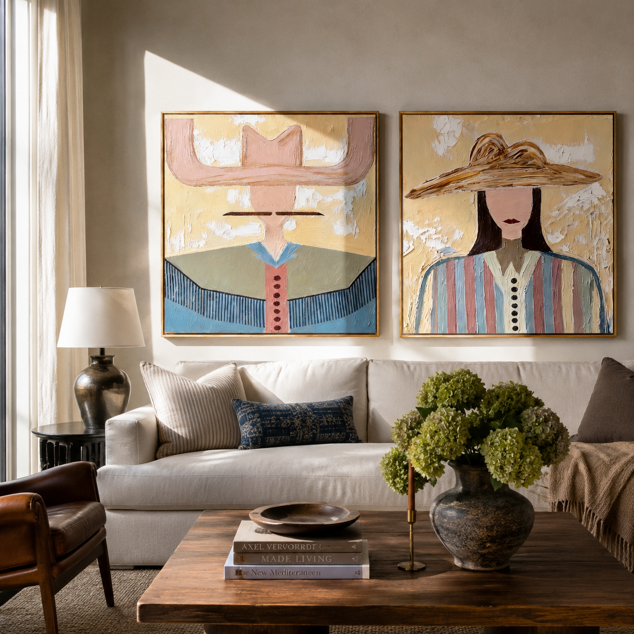 Brown And Rose Converse diptych presented with natural materials and decor
