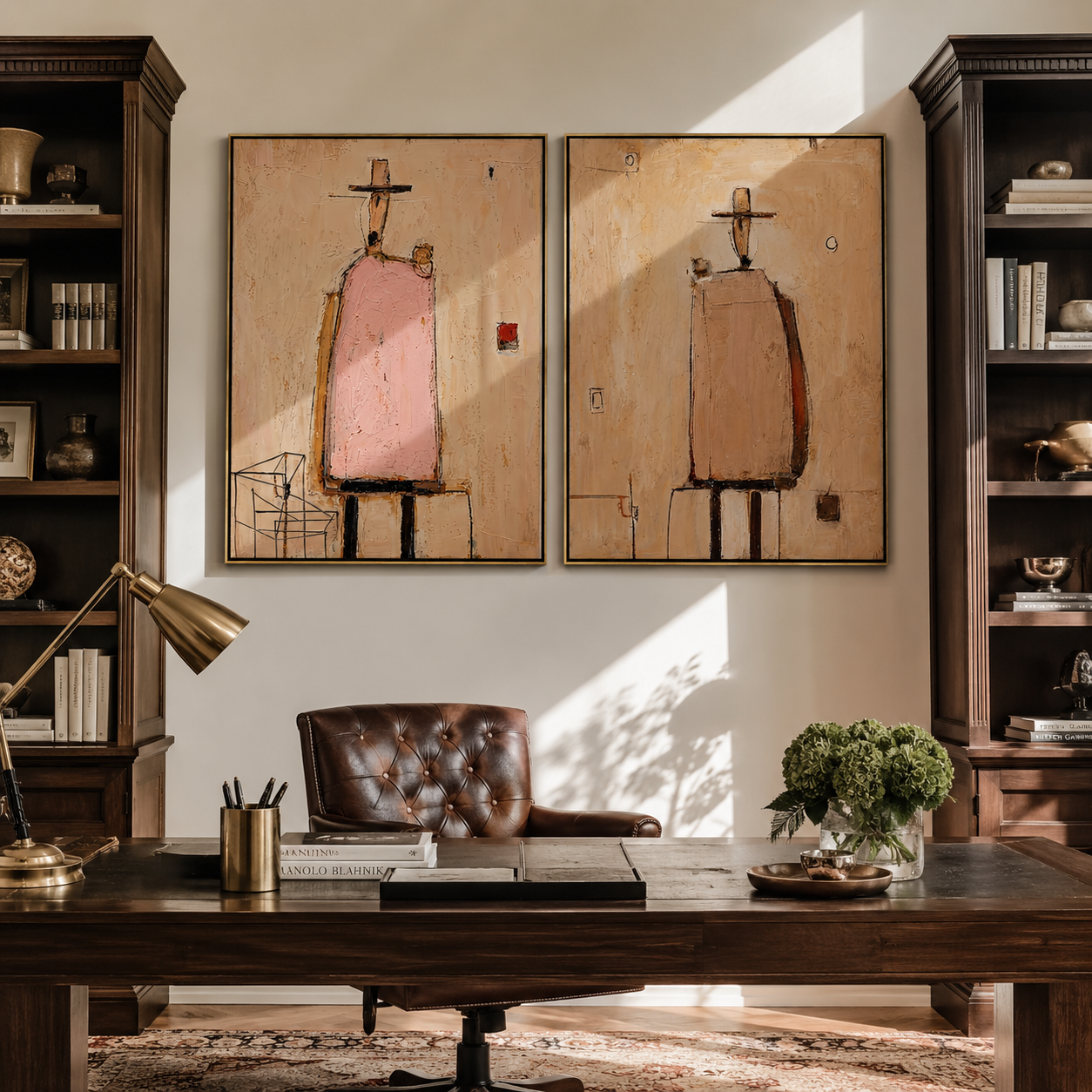 Pink Coats Hold Silence Western diptych displayed in a contemporary interior