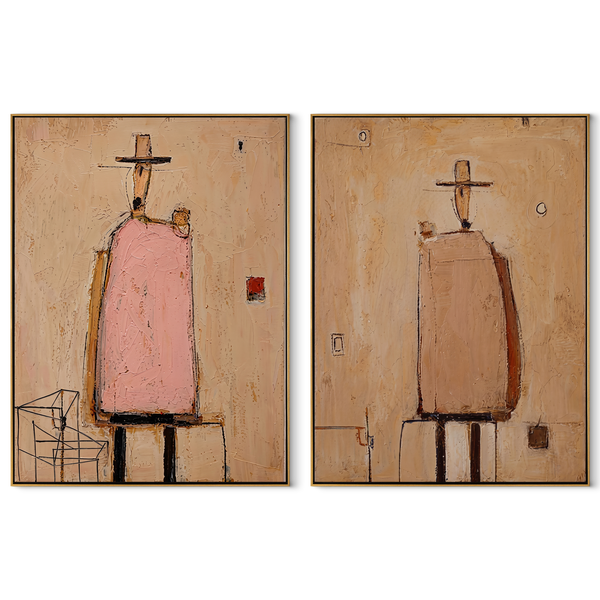 Pink Coats Hold Silence – pink Abstract Figure Diptych Painting | Modern Vintage Americana Set of 2 Wall Art