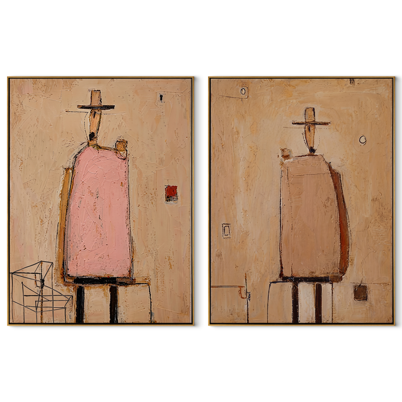 Pink Coats Hold Silence – pink Abstract Figure Diptych Painting | Modern Vintage Americana Set of 2 Wall Art