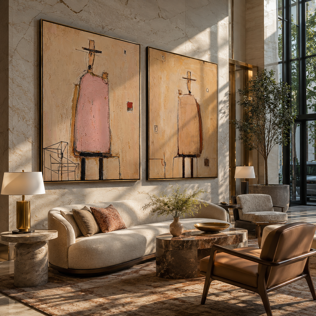 Pink Coats Hold Silence Vintage Americana diptych in a collected room
