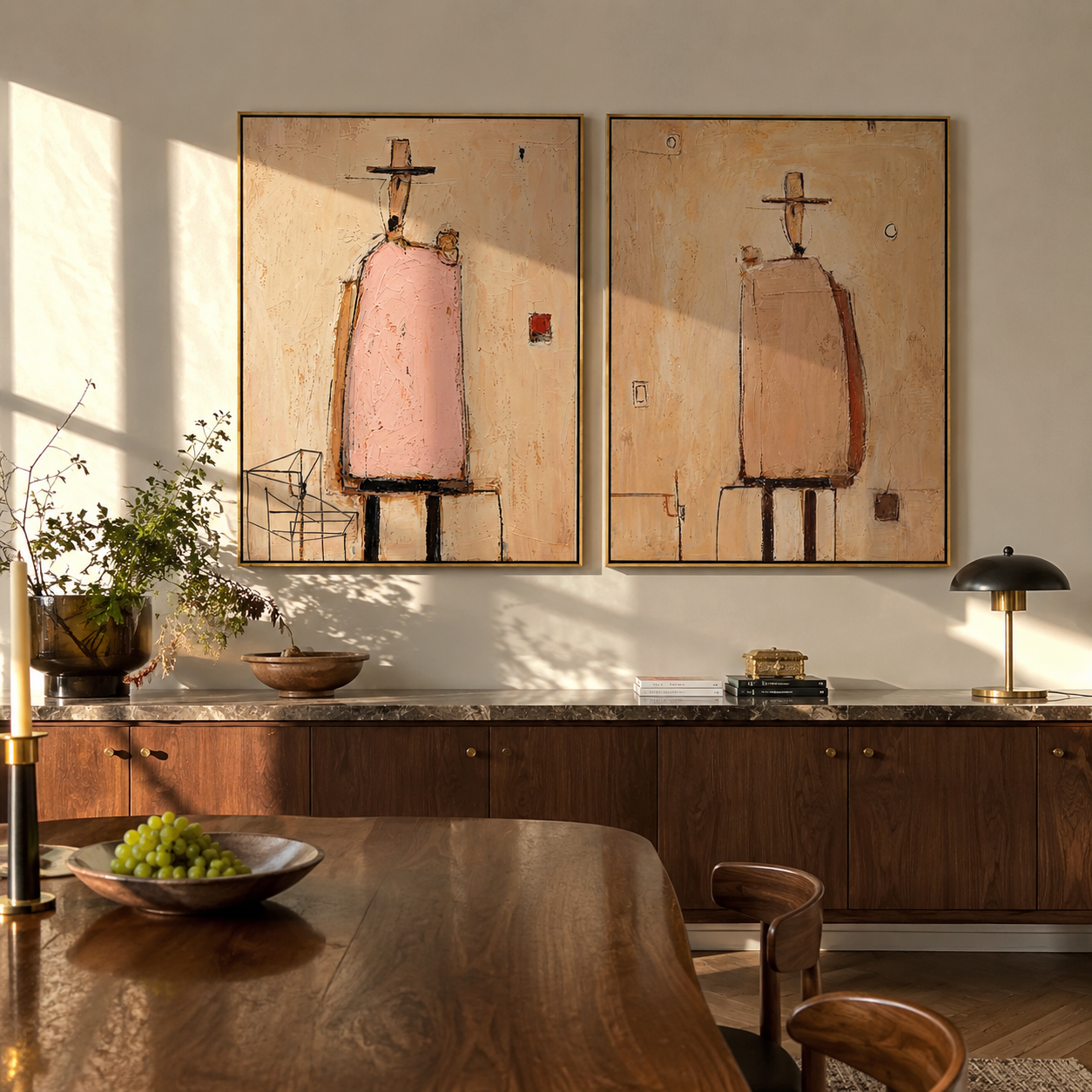 Pink Coats Hold Silence diptych presented with natural materials and decor