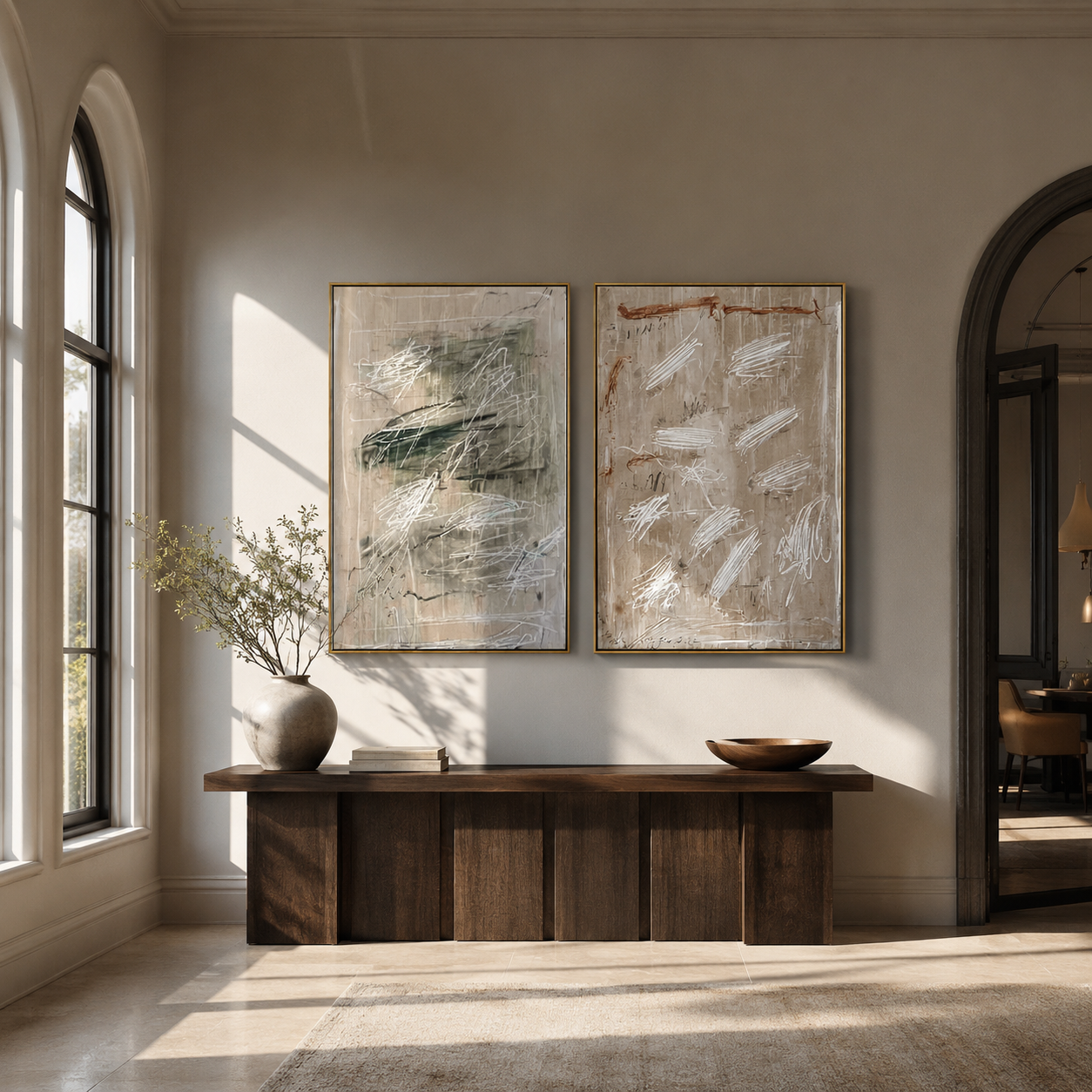 Neutral Marks Share Space diptych presented with natural materials and decor