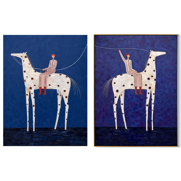 Spotted Horses Cross Blue – vivid blue Western Rider Diptych Painting | Modern Vintage Americana Set of 2 Wall Art