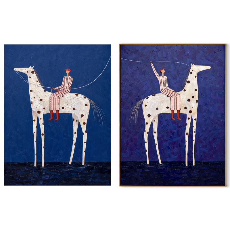 Spotted Horses Cross Blue – vivid blue Western Rider Diptych Painting | Modern Vintage Americana Set of 2 Wall Art