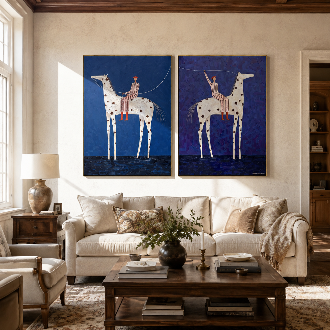 Spotted Horses Cross Blue paired wall art styled above modern furniture