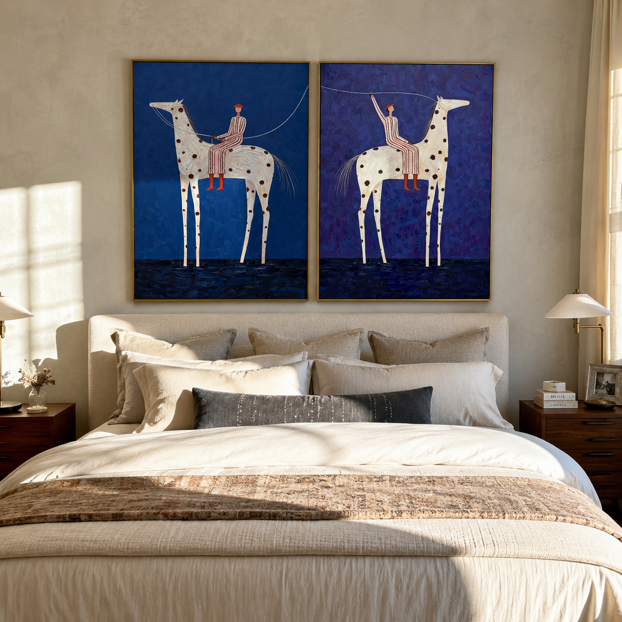 Spotted Horses Cross Blue Vintage Americana diptych in a collected room