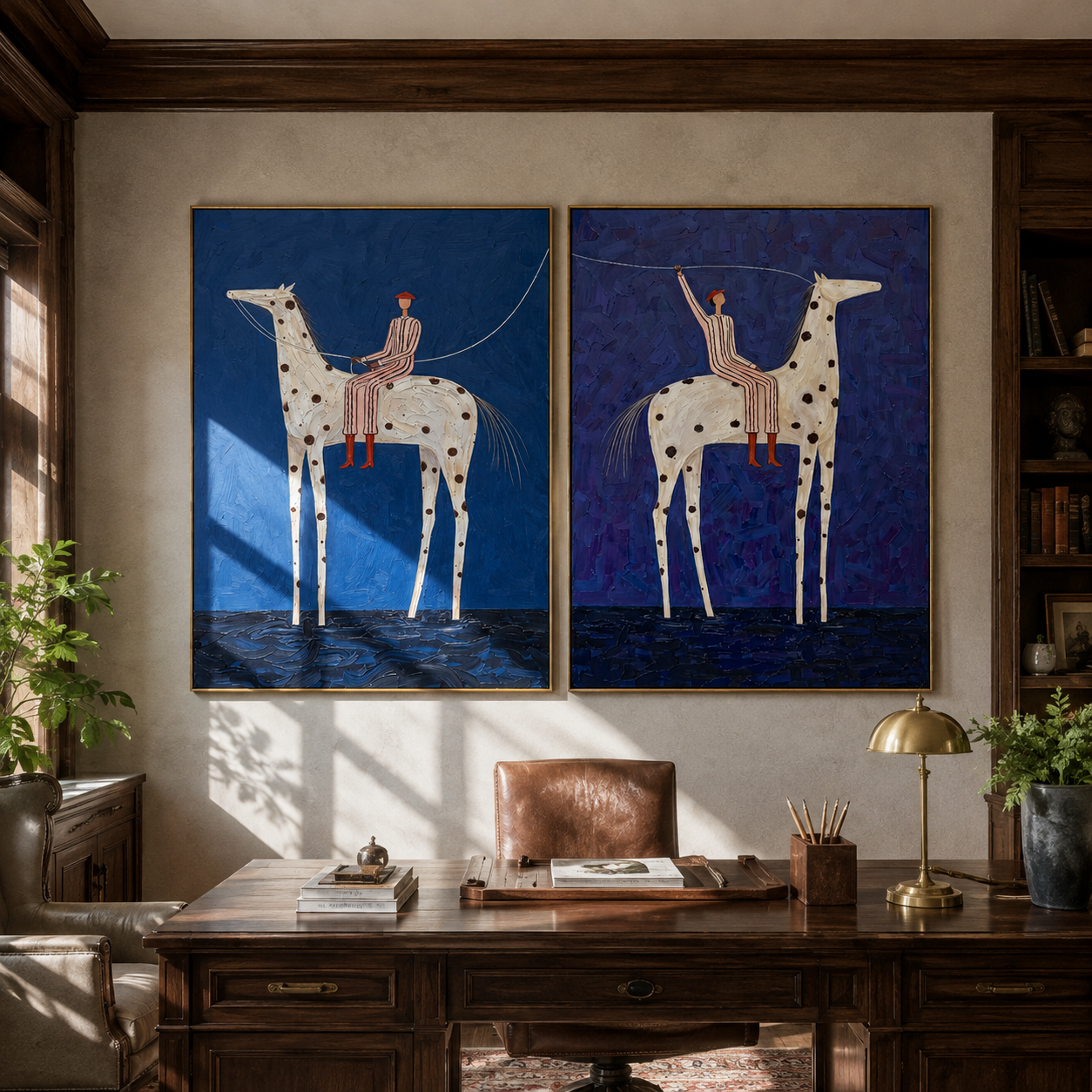 Spotted Horses Cross Blue two-panel Western artwork with layered color