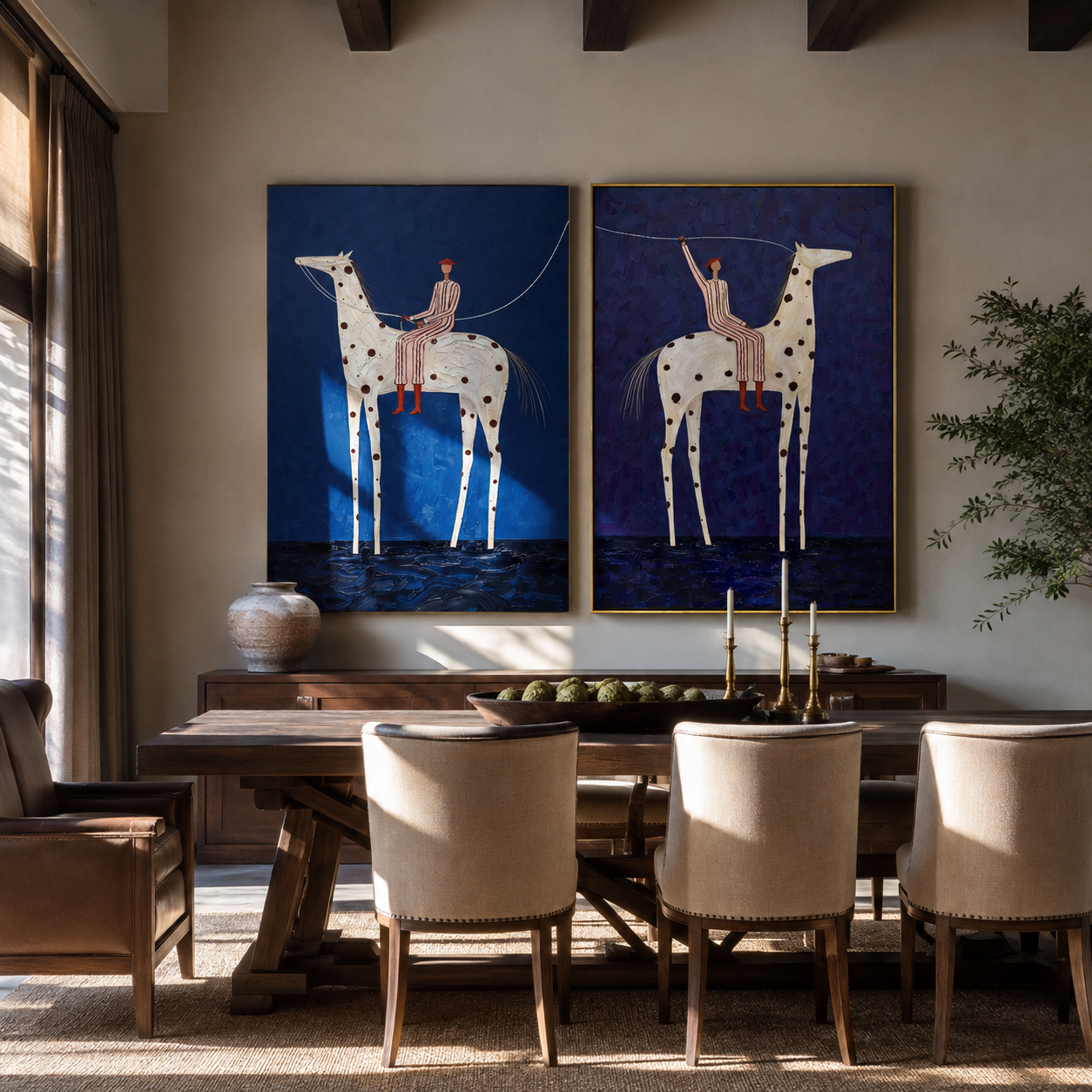 Spotted Horses Cross Blue diptych presented with natural materials and decor