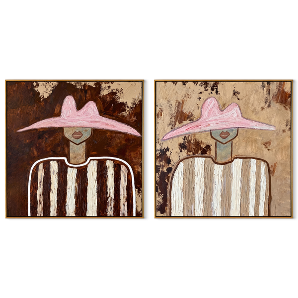Rose Hats Weather Dust – rose Western Portrait Diptych Painting | Modern Vintage Americana Set of 2 Wall Art