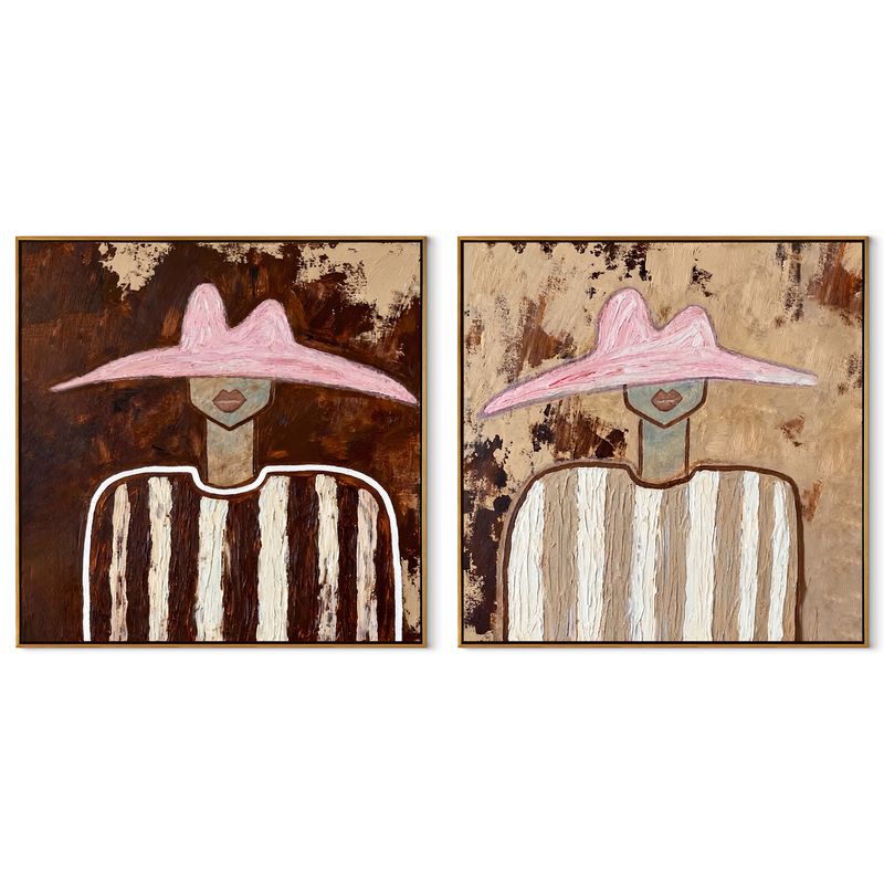 Rose Hats Weather Dust – rose Western Portrait Diptych Painting | Modern Vintage Americana Set of 2 Wall Art