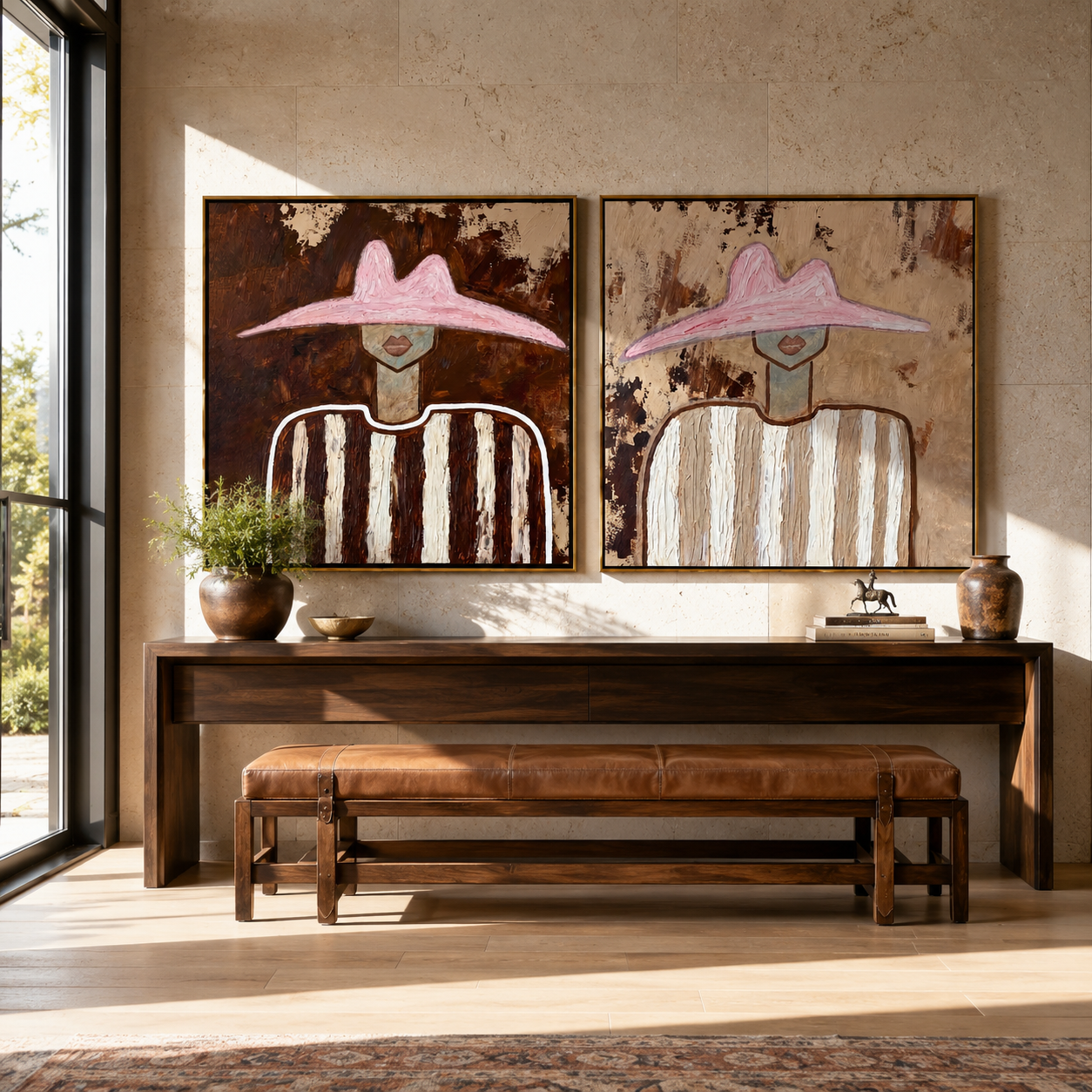Rose Hats Weather Dust diptych presented with natural materials and decor