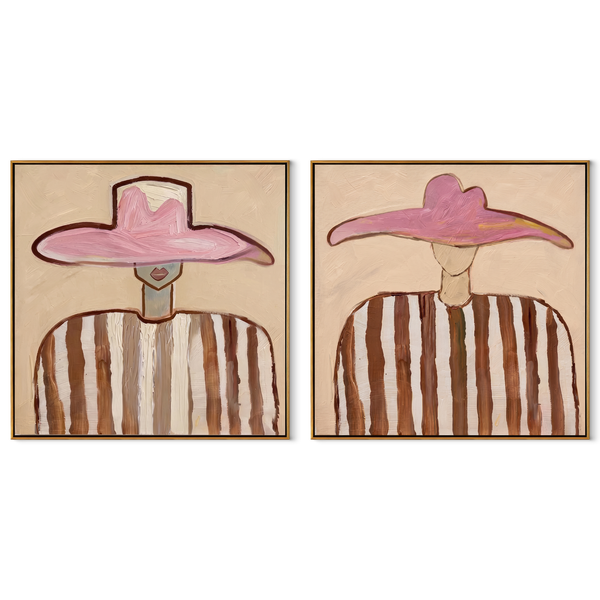 Pink Brims Meet Stripes – pink Western Portrait Diptych Painting | Modern Vintage Americana Set of 2 Wall Art